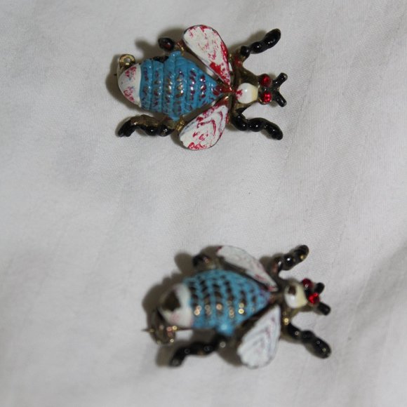 2 Vintage Fly Brooch Pins Red Rhinestones Eyes - Picture 2 of 8